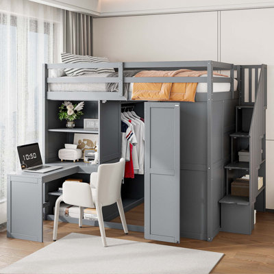 Lit mezzanine double avec garde-robe, bureau et tablettes