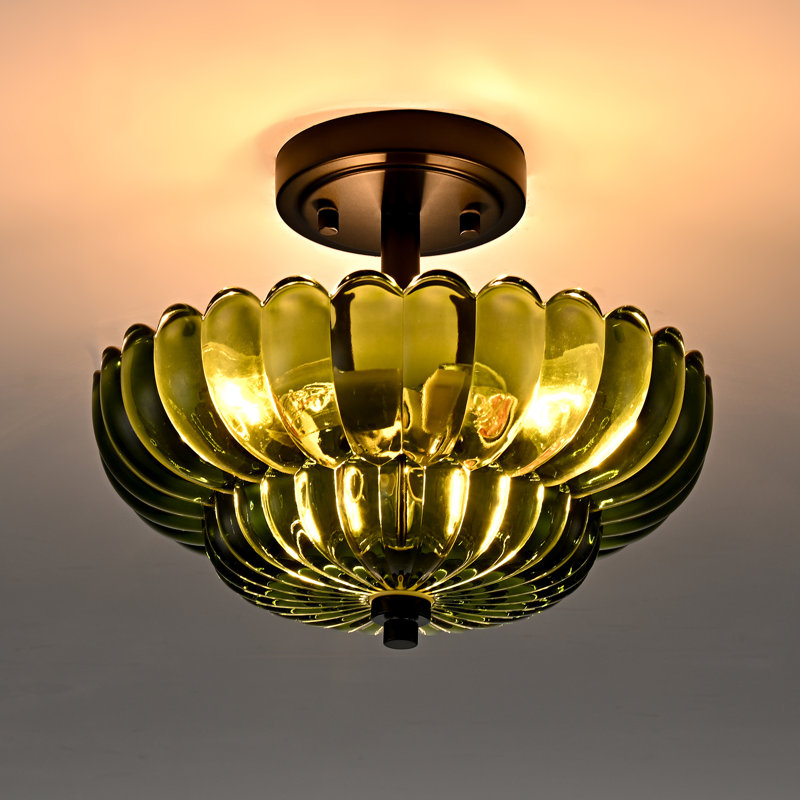 Plafonnier semi-encastré 3 lumières moderne noir avec abat-jour en verre vert festonné
