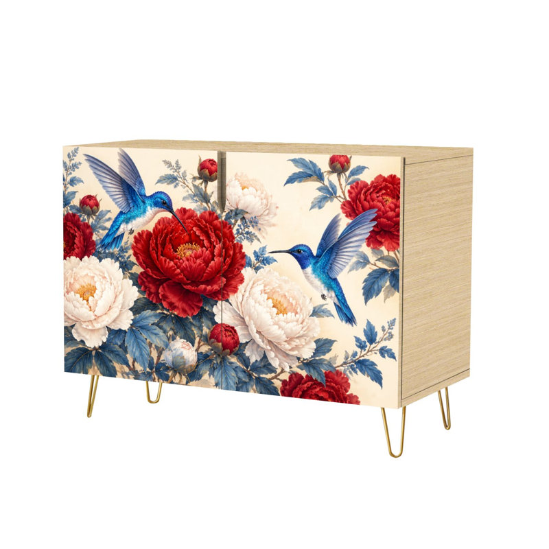 Buffet à deux portes avec colibris et pivoines, composition florale éclatante, console moderne, meuble de rangement en bois, dosseret pour cuisine, salle à manger, salon, entrée ou coin café.