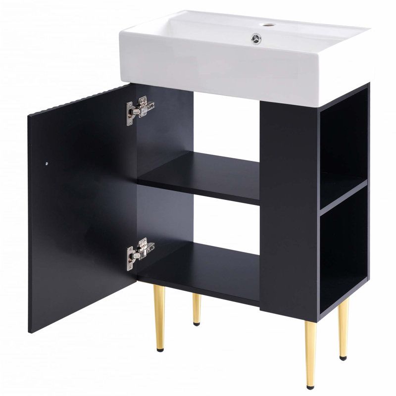 Meuble-lavabo 21,6 po avec lavabo simple en céramique, rangement sur le côté droit, Noir