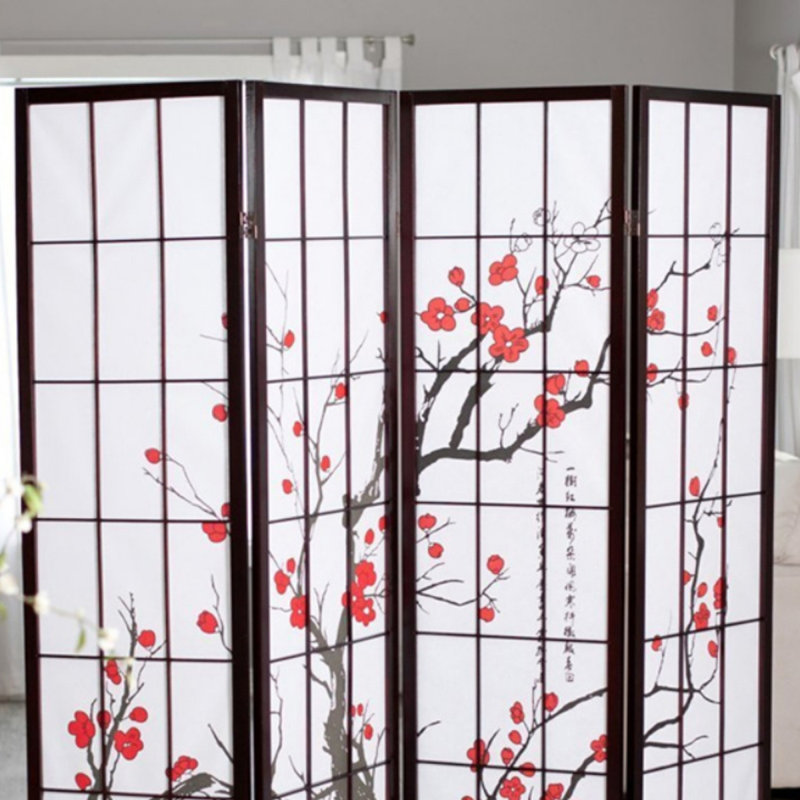70" Tall 4-Panel Screen / Room Divider, Plum Blossom Design With Black Finish