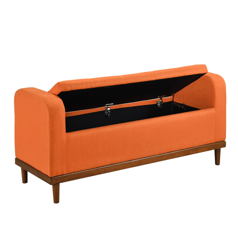 Banc de rangement à plateau relevable pour chambre à coucher de style Mid-Century moderne, tissu texturé orange, bois massif noyer moderne avec revêtement, structure