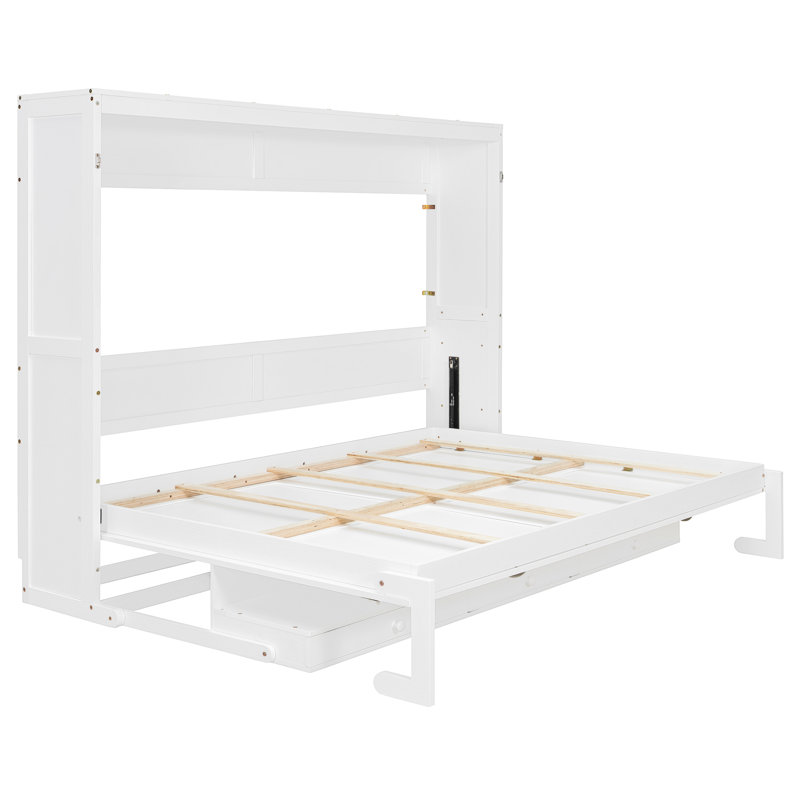 Grand lit escamotable mural avec bureau de coiffeuse, tiroirs de rangement et miroir central, armoire pliable, blanc, White