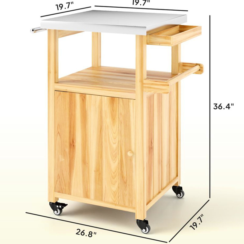 Table d'extérieur robuste avec plateau chauffant, armoire de rangement et roulettes pivotantes pour table d'appoint, structure en bois, caractéristiques de mobilité