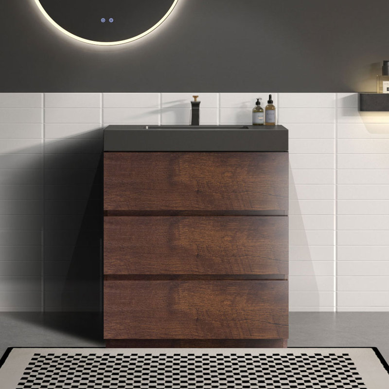 Meuble-lavabo sur pied simple Deandrick, Noyer, Blanc lustré, 36"