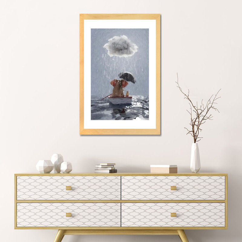 "Un éléphant et un chien flottant dans un bateau dans la pluie III" par Mike Kiev, reproduction d’art, Papier bois naturel