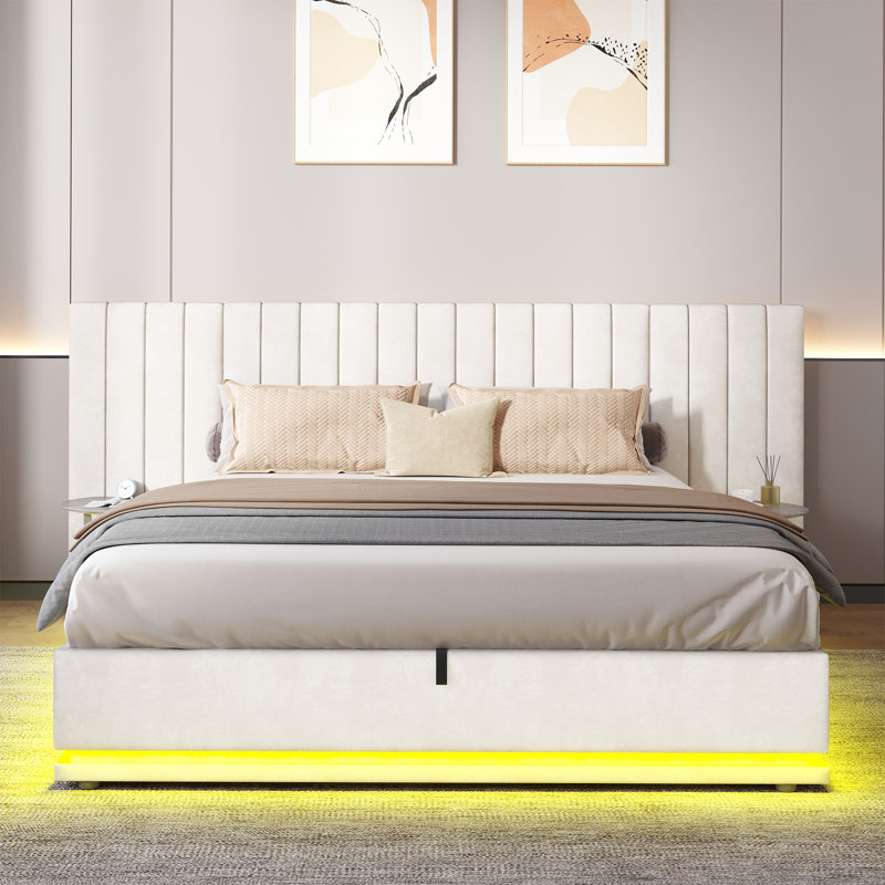 4ft6 Ottoman Bed With Led, Beige, Double (4'6)