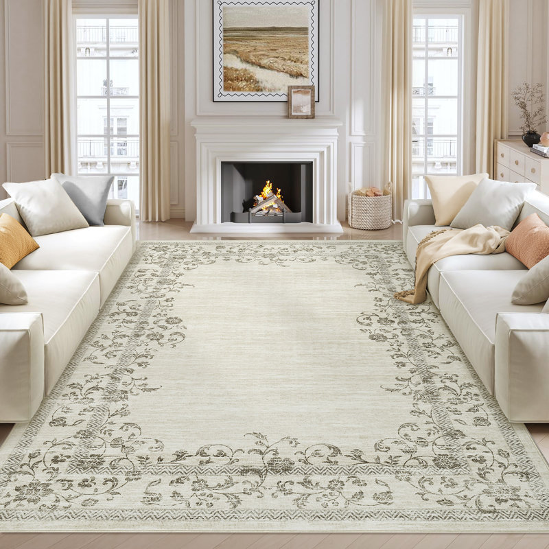 Tapis antidérapant lavable à la machine pour le salon Bordure florale à motif vieilli rétro, Rectangle 10 pi x 13 pi