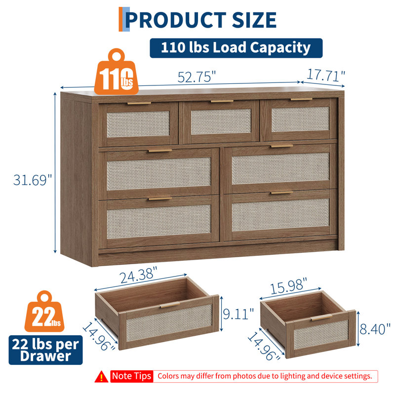 Rattan 7 Drawers Dresser for Bedroom with Golden Handles, Wood Drawers Storage Organizer, TV Stand for Living Room, Brown