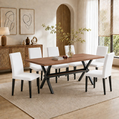 71" Modern Industrial Dining Set - Trestle Table With Upholstered PU Leather Chairs (7 & 9 Piece Options)