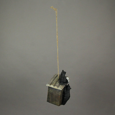 Rustic woodland black bear outhouse resin hanging birdhouse with painted accents, 6 inches high