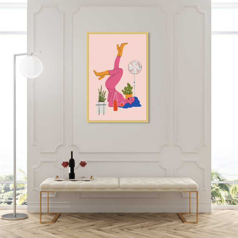 Rose, pose - peinture, H 45 po x l 30 po, Papier avec cadre doré
