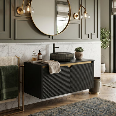 36" Floating Bathroom Vanity With Black Sintered Stone Top, Geometric Twill Doors & Gold Trim, 4 Vessel Sink Options (Black)