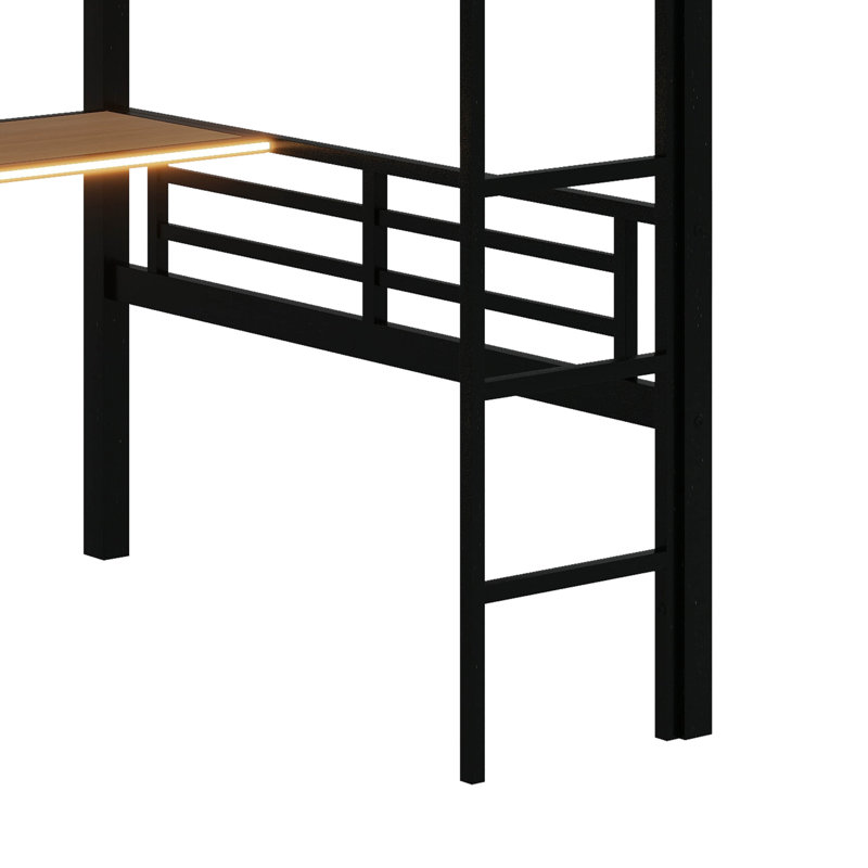 Lit mezzanine double en métal avec tablette de rangement et DEL