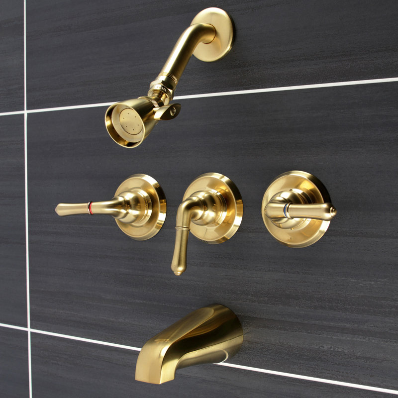 Kingston Brass Magellan Triple-Handle Tub and Shower Faucet, Brushed Brass