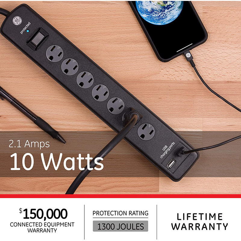 GE 3-ft 7-Outlet 2-USB-A Surge Protector, 1300J, 33664