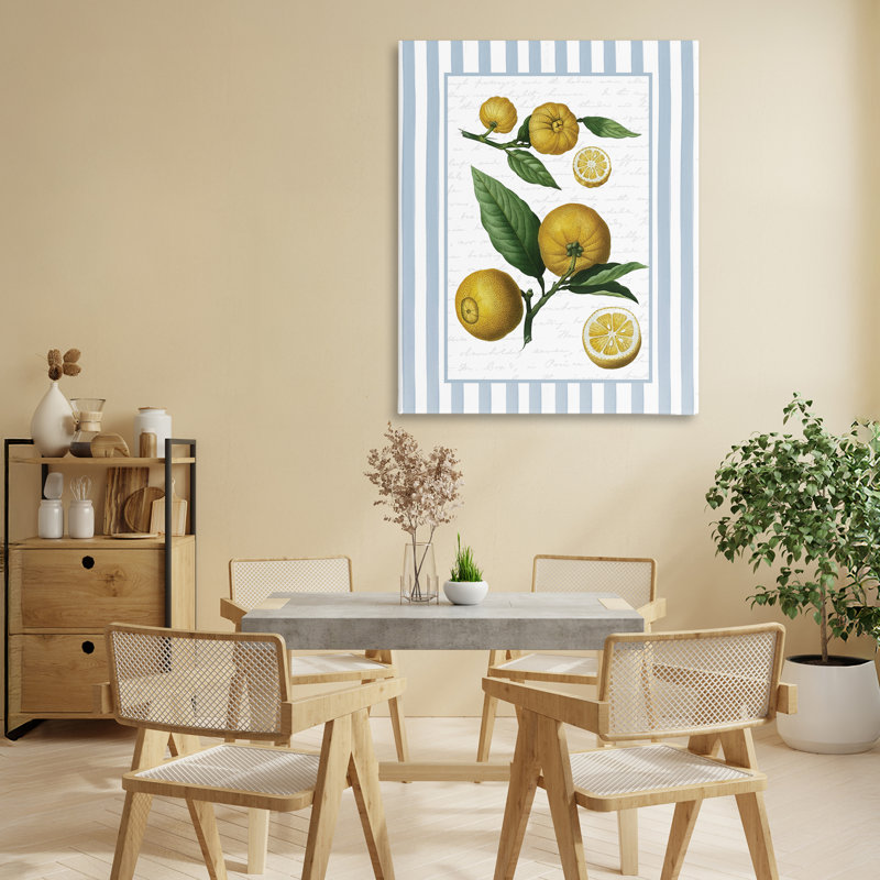 Toile rétro à rayures bleues et citrons, signée lettrée et doublée, H 30 po x l 24 po