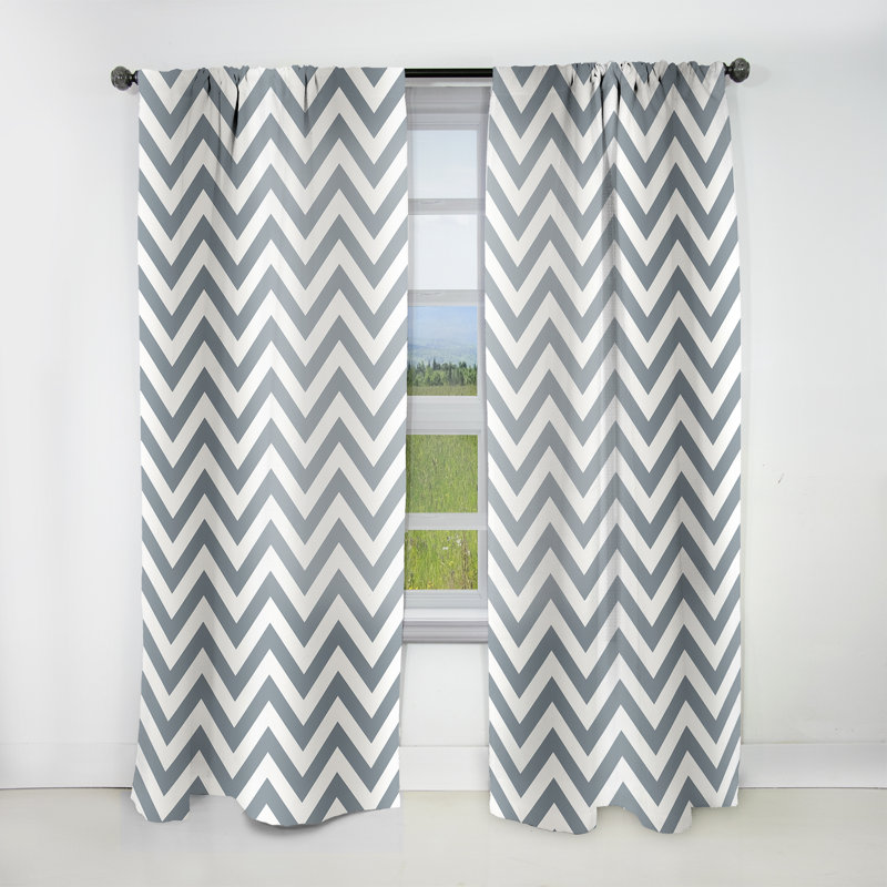 Grey White Geometric Neutrals Chevron Pattern - Chevron Curtain - Velvet Room Darkening - 1 Panel, 52" W x 84" L