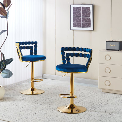 Chaise de bar moderne (ensemble de 2) avec pieds en tube de fer de couleur dorée, coussins moelleux et dossier confortable, convient à la salle à manger, au salon, au café, au tabouret de bar, au bleu