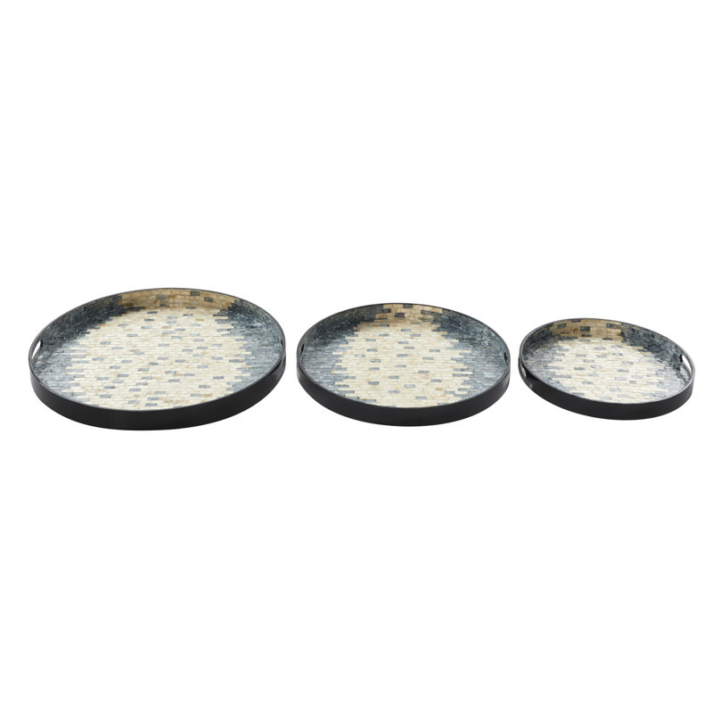 Bringle Mother of Pearl Shell Handmade Decor Blue Tray with Slot Handles Set