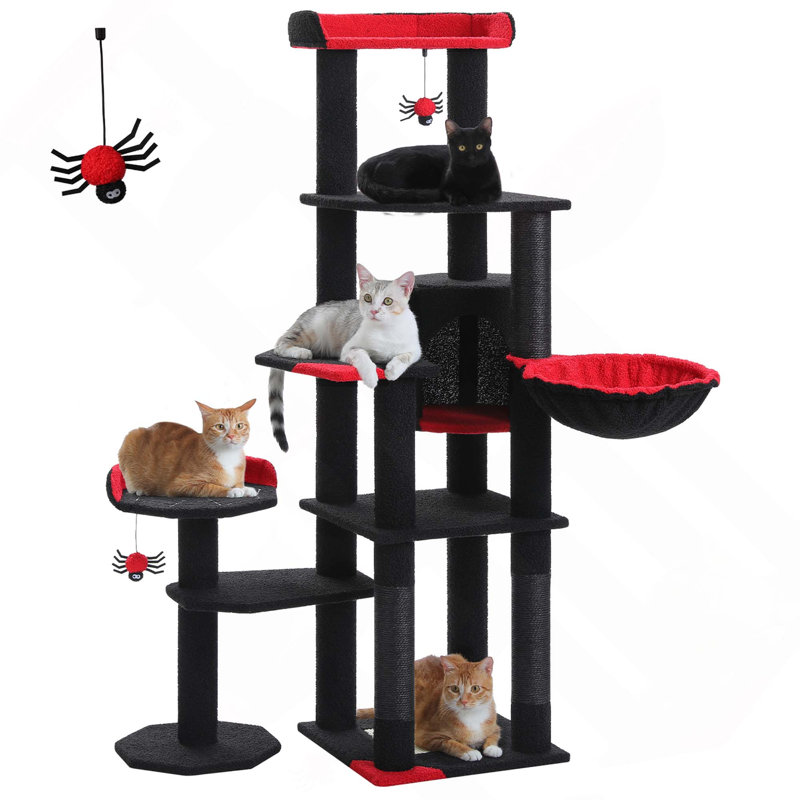 Arbre à chat 59 po multi-niveaux avec 3 bâtons de pompons amovibles, condo pour chat avec grand hamac, poteau à griffes et 2 perchoirs