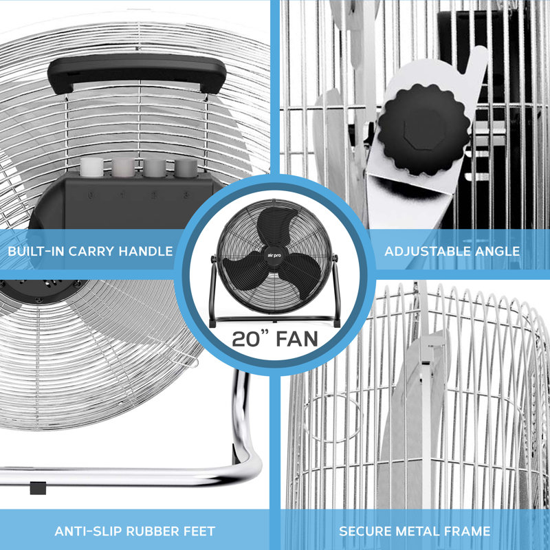 20" Floor Fan - Powerful Air Cooling Fan With 3 Speed Settings, Silver