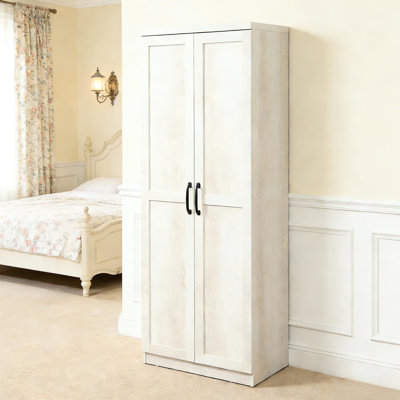 Meuble de rangement autoportant à double porte et 5 niveaux, idéal pour le salon, la cuisine ou la chambre. Étagères ajustables, couleur blanc antique.