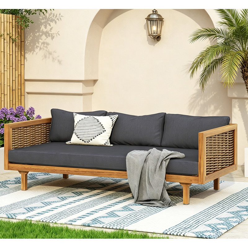 Acacia Wood  Patio Lounge Sofa, Dark Gray,Teak Rattan Arm