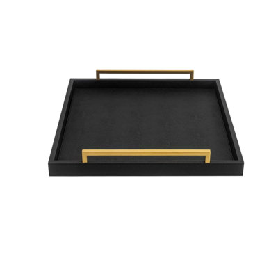 50.8cm Square Black Shagreen Leather Breakfast Ottoman Serving Tray