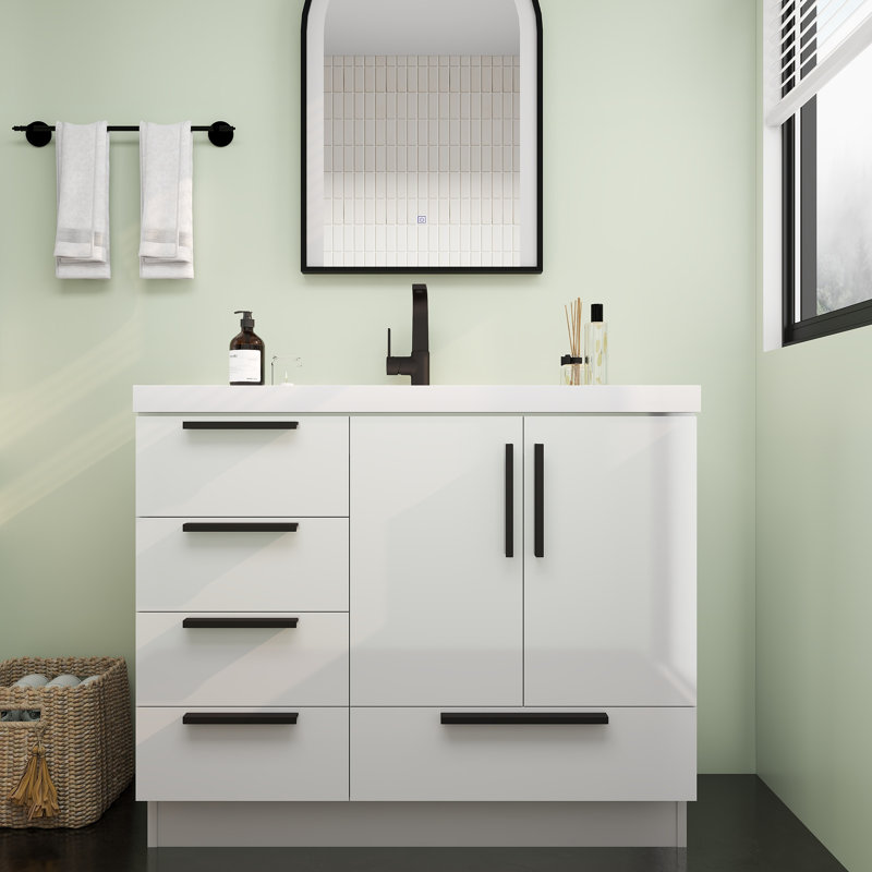 Carla Freestanding Bathroom Vanity with Left Side Drawers, 42", Gloss White