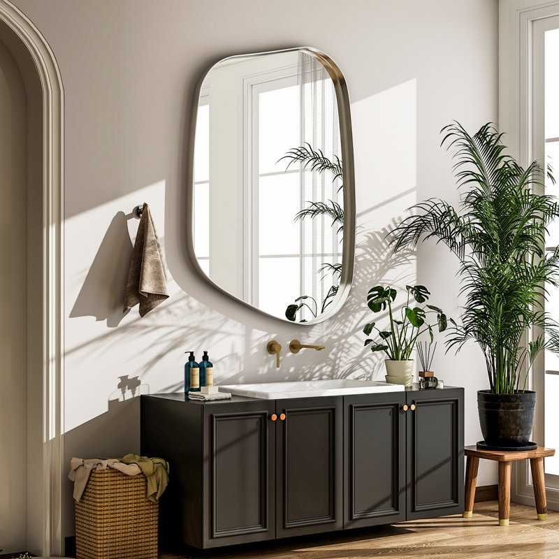 Decorative Asymmetrical Deep Metal Framed Mirror, Silver, 40" x 26"