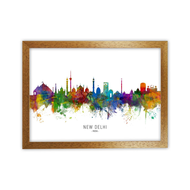 New Delhi India Skyline by Michael Tompsett - Print, Brown Framed, 46cm H x 63cm W x 3cm D
