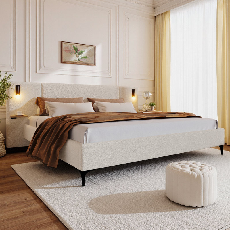 Lit tapissier grand / très grand avec éclairage et tablettes intégrés, Blanc, Très grand lit