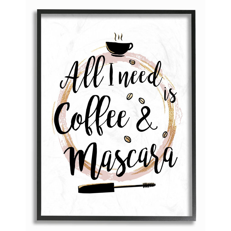 « café et mascara mode motif rose or word », art textuel, H 14 po x l 11 po, Giclée encadrée noir minuit