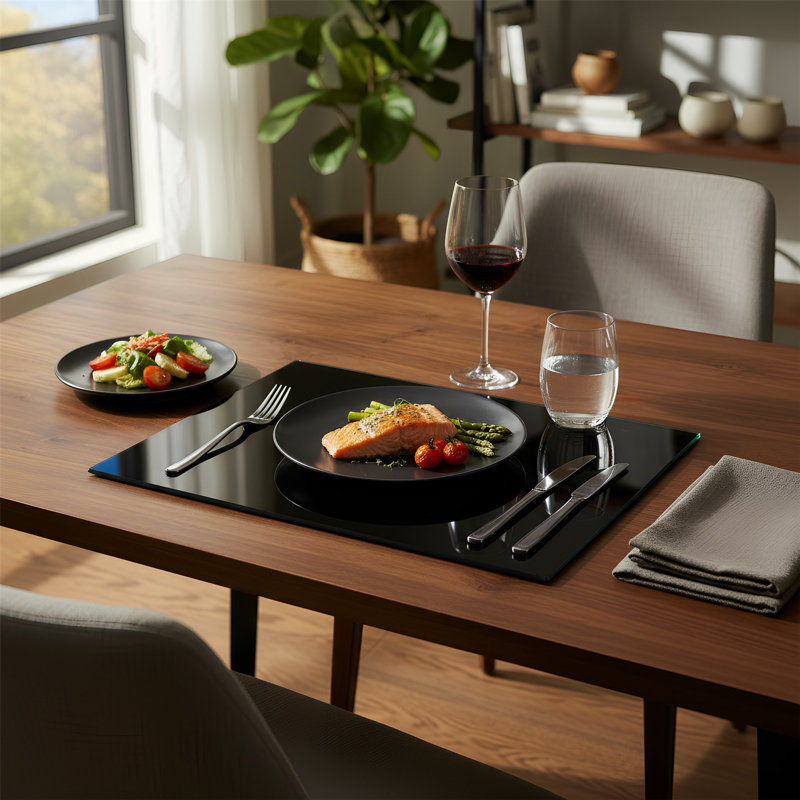 Harbour Housewares - 12pc Glass Placemats & Square Coasters Set - 30cm x 20cm, Black