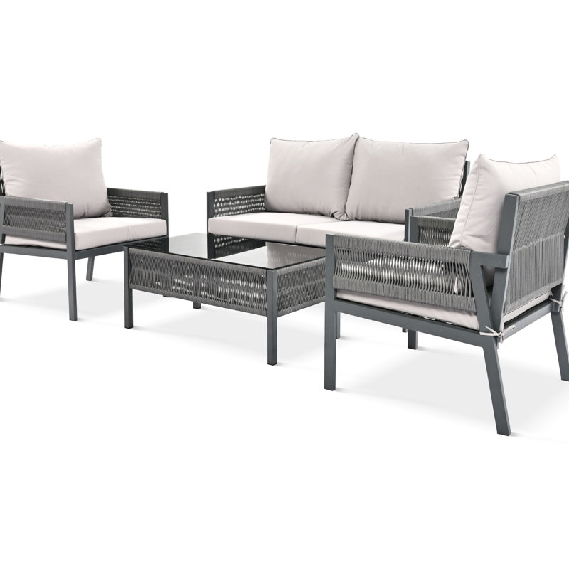Grey Patio Conversation With 3.9-Inch Thick Cushions And Rope Construction For Comfort Seating Group - Tempered Glass Side Table