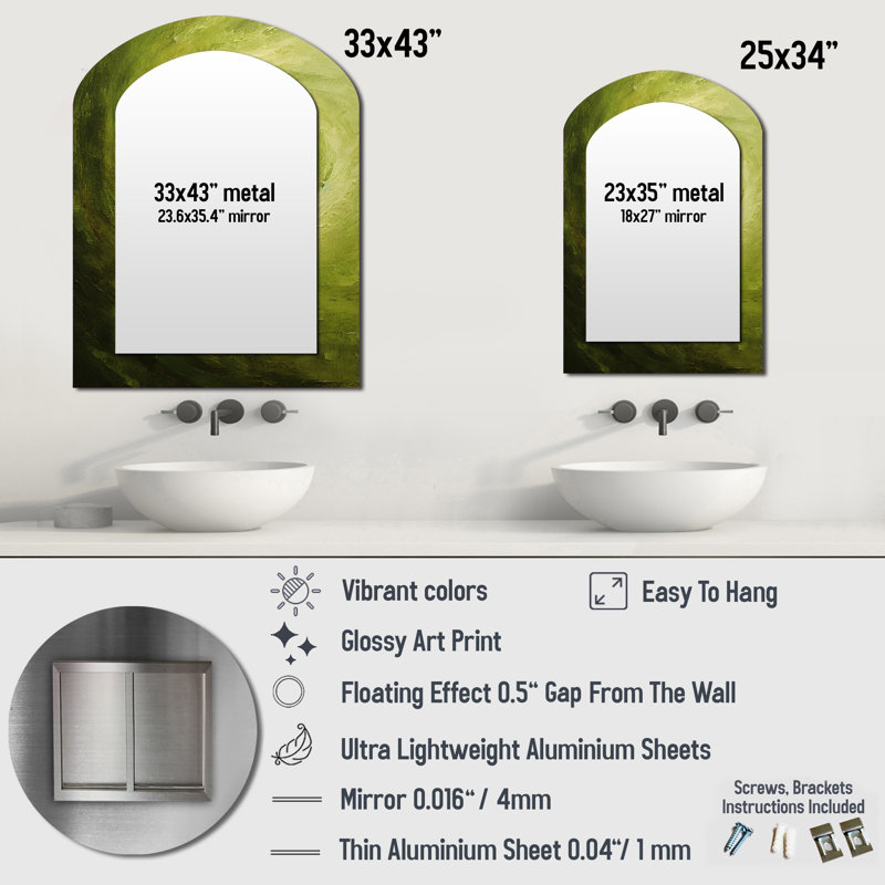 Green Orbit Spiral I - Miroir décoratif en forme d'arche abstraite sur métal, 34 po x 25 po