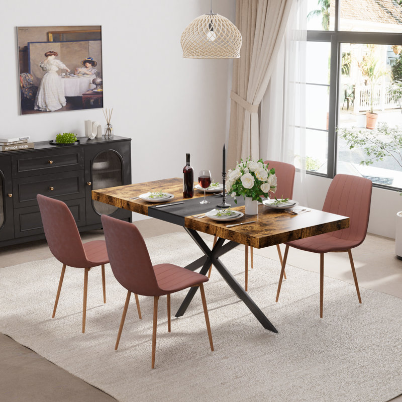 Ensemble de table de salle à manger extensible avec chaises en velours, H 29,92 po x L 55,11 po x l 31,49 po, 5, Beige / noir