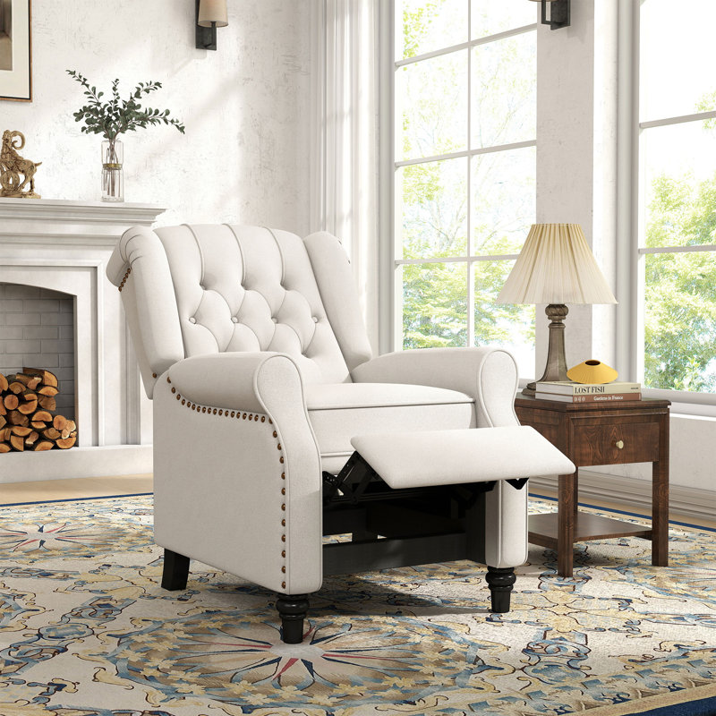 76cm Wide Modern Push Back Recliner with Tufted Back and Rivets, Off White Microfiber/Microsuede