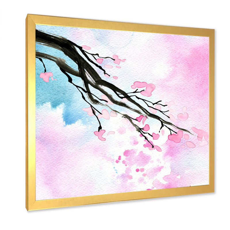 Branche de cerisier en fleurs, H 16 po x l 16 po x P 1 po, Impression dorée sur toile encadrée