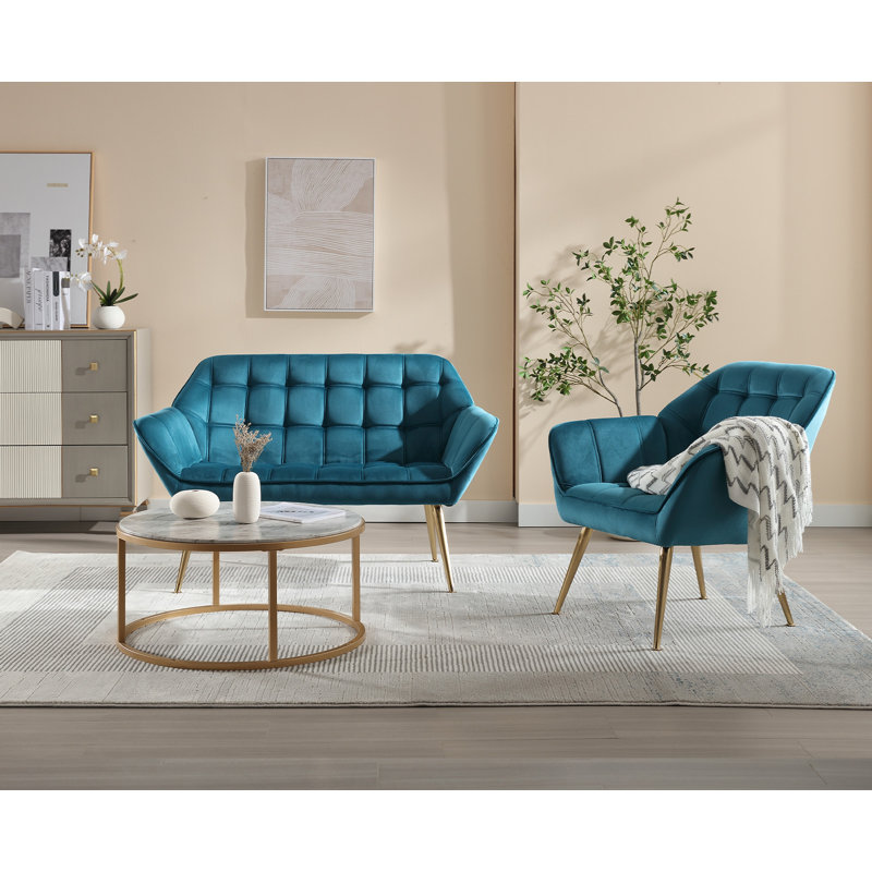 Priella Mid-Century Tufted Fabric Loveseat Sofa Upholstered Couch with Solid Wood Legs Compact Accent Chair for Living Room, Bedroom,Small Spaces