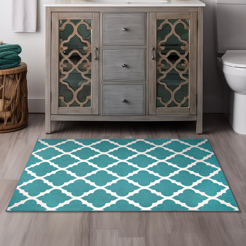 Moroccan Trellis Teal Performance Flatweave Washable Indoor / Outdoor Rug, Rectangle 3' x 5'