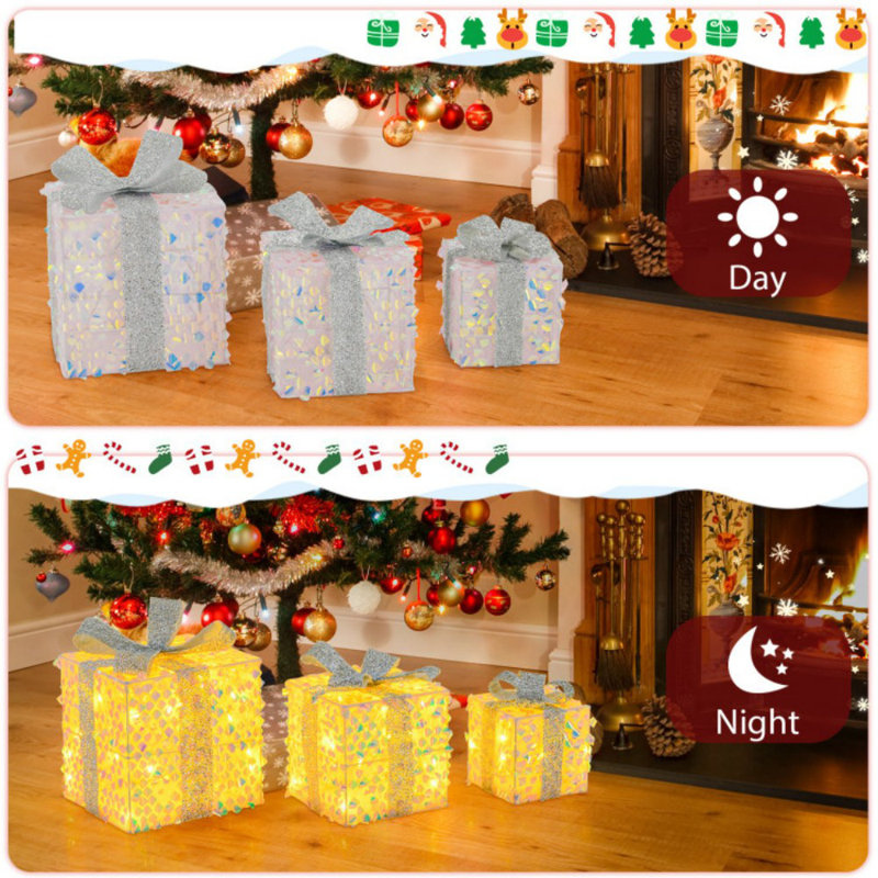 Ensemble de 3 boîtes-cadeaux de Noël éclairées avec 90 lumières DEL préinstallées et des arcs