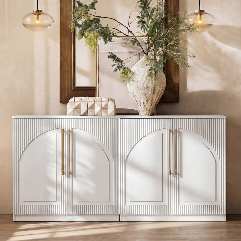62” Modern Arched Fluted Ash Veneer Cabinet – Sideboard & Media Console With Brass Handles, Black/White, White