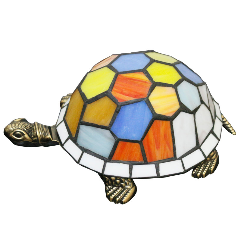 Tortoise Tiffany Style Turtle Lamp Small Bedside Cute Accent Green Stained Glass Shade Night Light, White