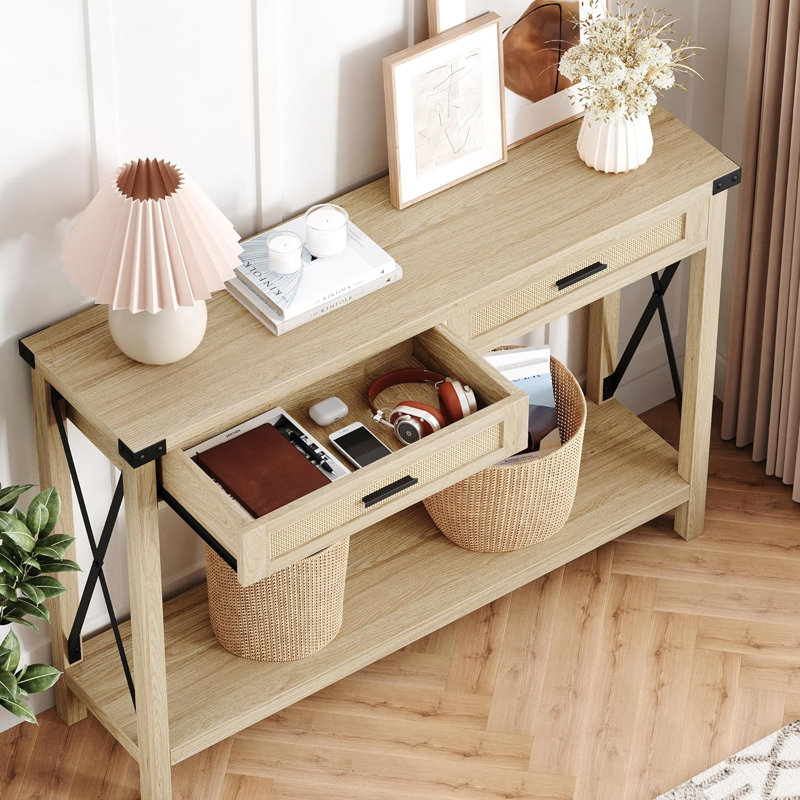 43" Boho Entryway Table With Rattan Drawers, Rustic Wood Console Table With Storage For Living Room, Hallway, Foyer, Natural