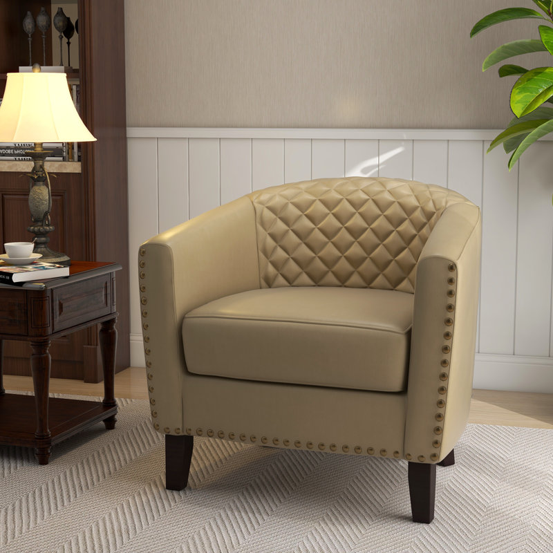 Faux Leather Barrel Chair, Beige Faux Leather
