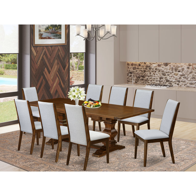 L'ensemble de mobilier de salle à manger 9 pièces comprend une table rectangulaire en bois avec rallonge amovible et 8 chaises rembourrées en tissu de lin gris, noyer antique