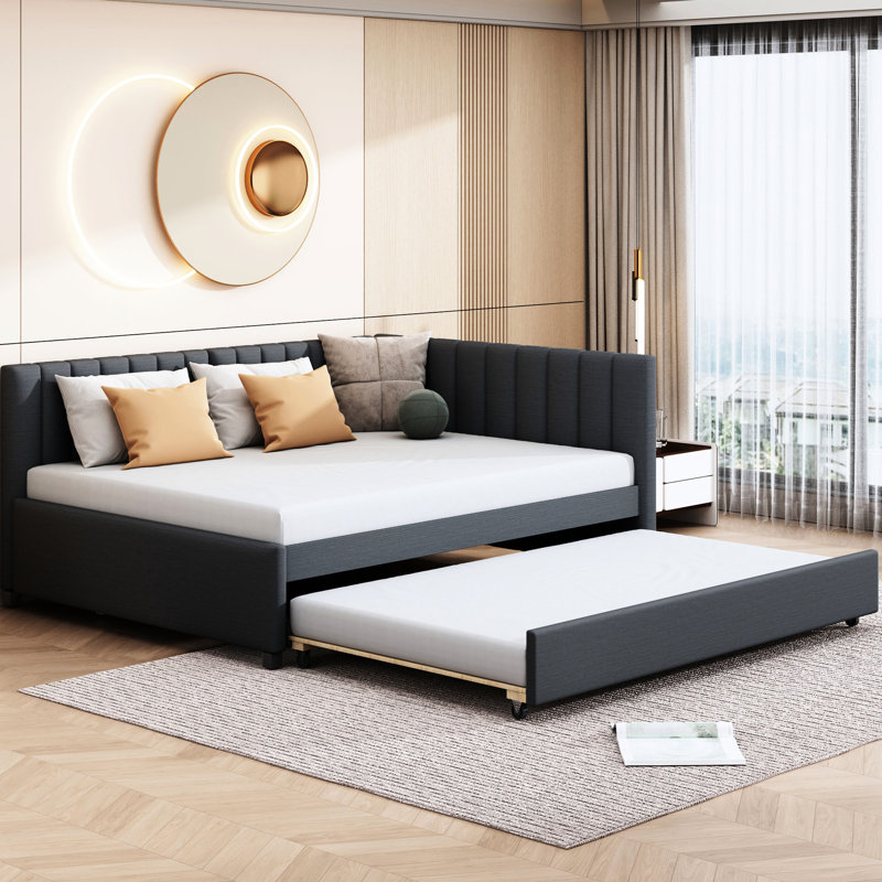 Gray Linen Upholstered Daybed With Trundle, Stable Bed Frame, No Need For Box Spring Full Sized In Needed Long-Term Use And Space Saving