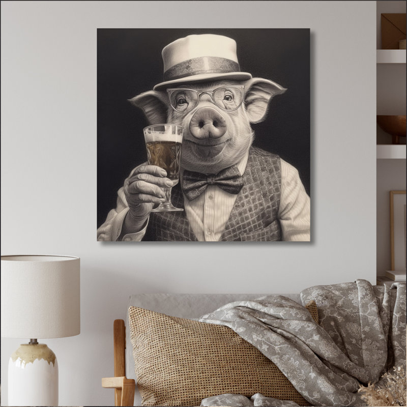 Cochon ayant un verre - Art mural, H 30 po x l 30 po x P 1 po, Toile tendue